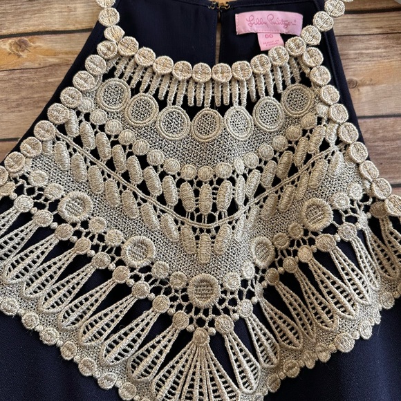 Lilly Pulitzer Pearl Soft Navy Blue Gold Lace Mini Shift Dress Size 00 - Picture 4 of 4